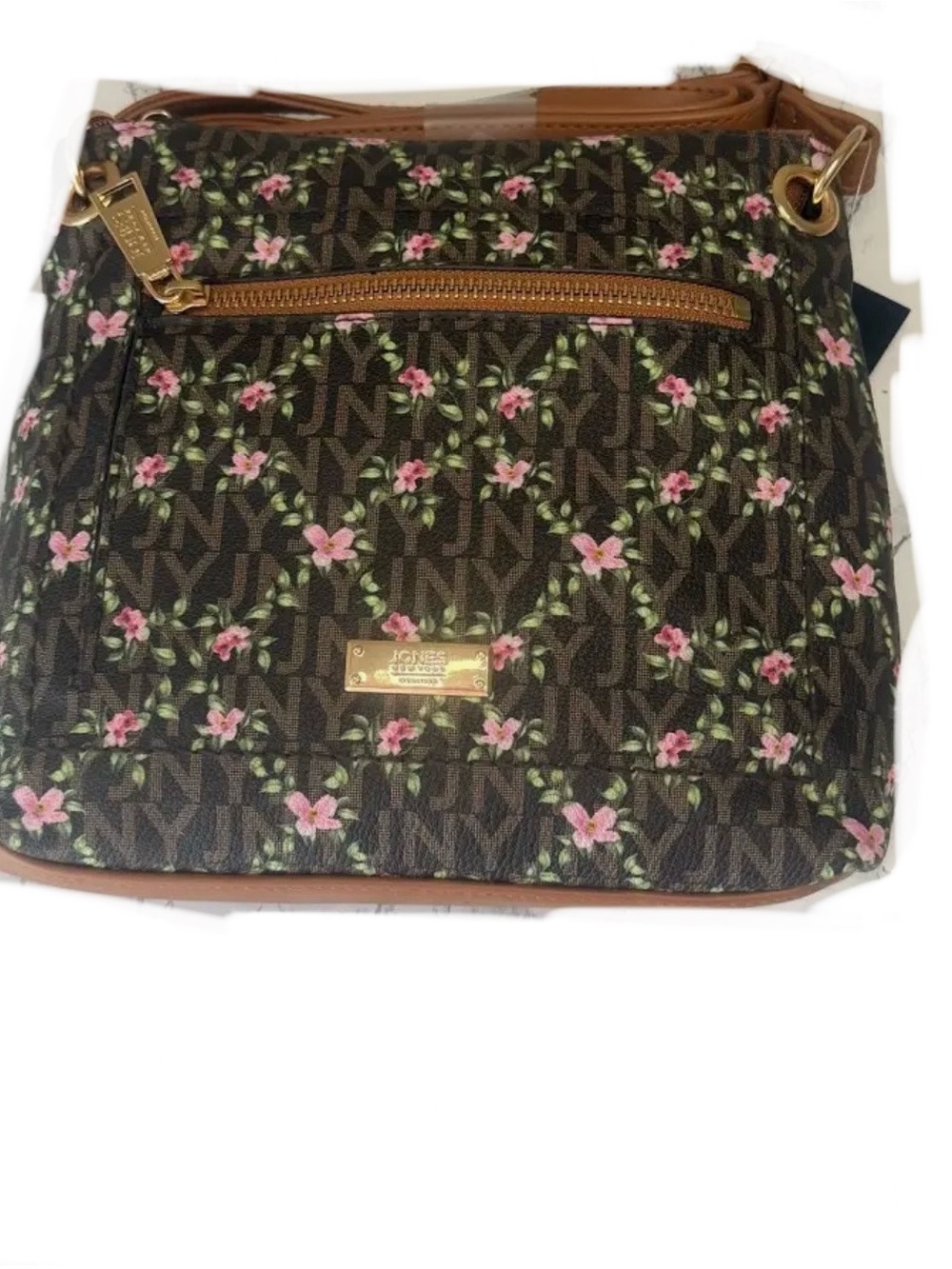 Jones New York Brown Floral Crossbody Bag with Pink Accents